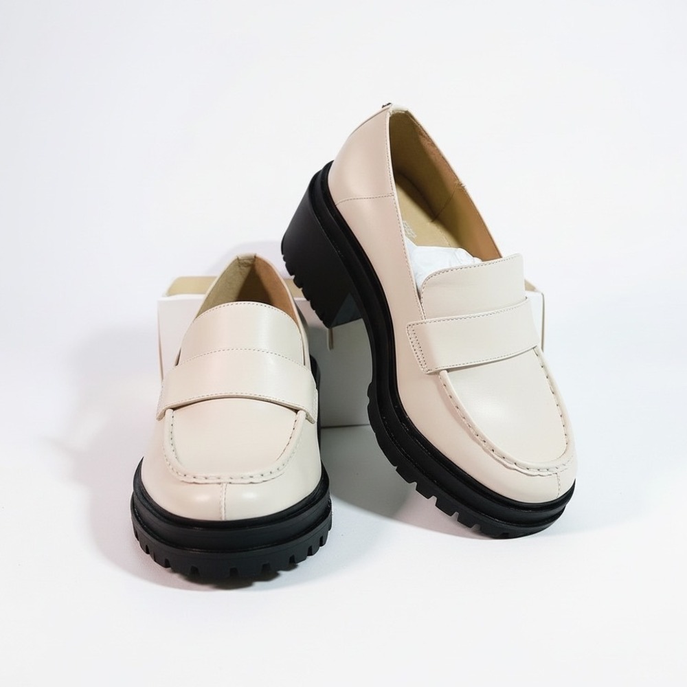 Michael Kors Rocco Heeled Loafer Women 10 Light Cream Leather Lug Sole Chunky